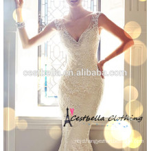 Latest Hot sale Sexy Sleeveless White Long trailing Lace Wedding Dress with Long tail